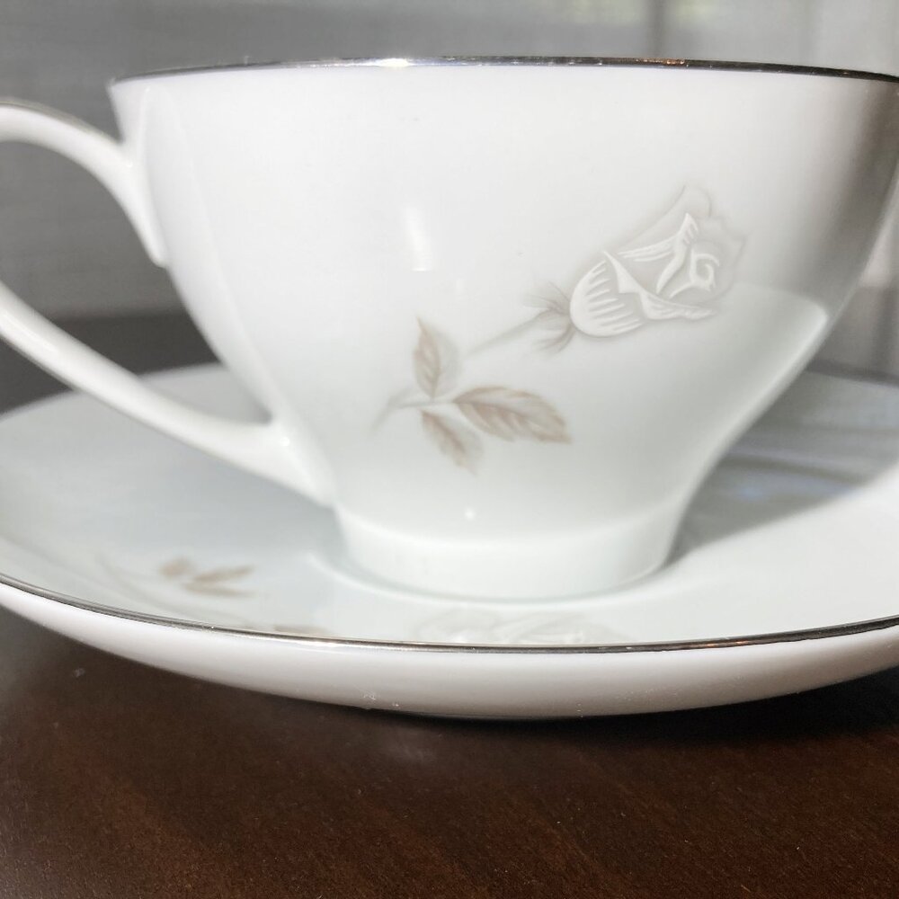 Vintage Noritake ROSAY Cup and Saucer #6216 White and Gray Roses